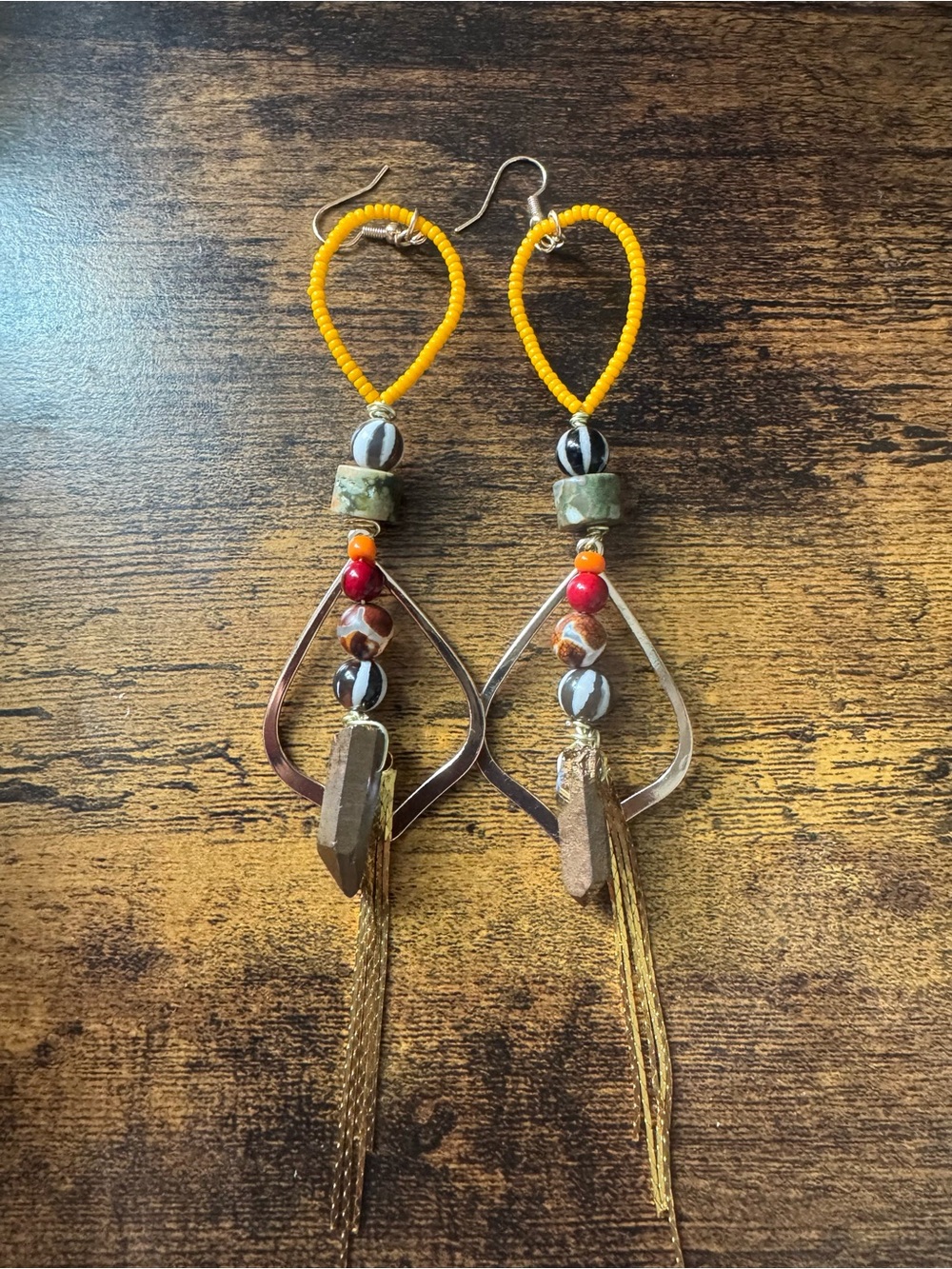 Yellow Beaded Boho Dangle Earrings with Mixed Stone Accents